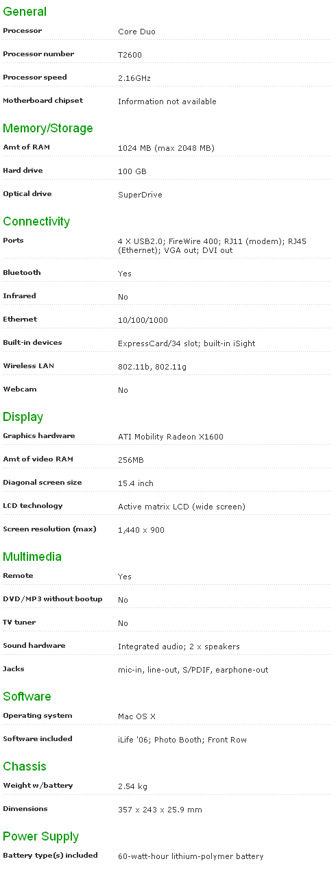 Specification Apple MacBook Pro