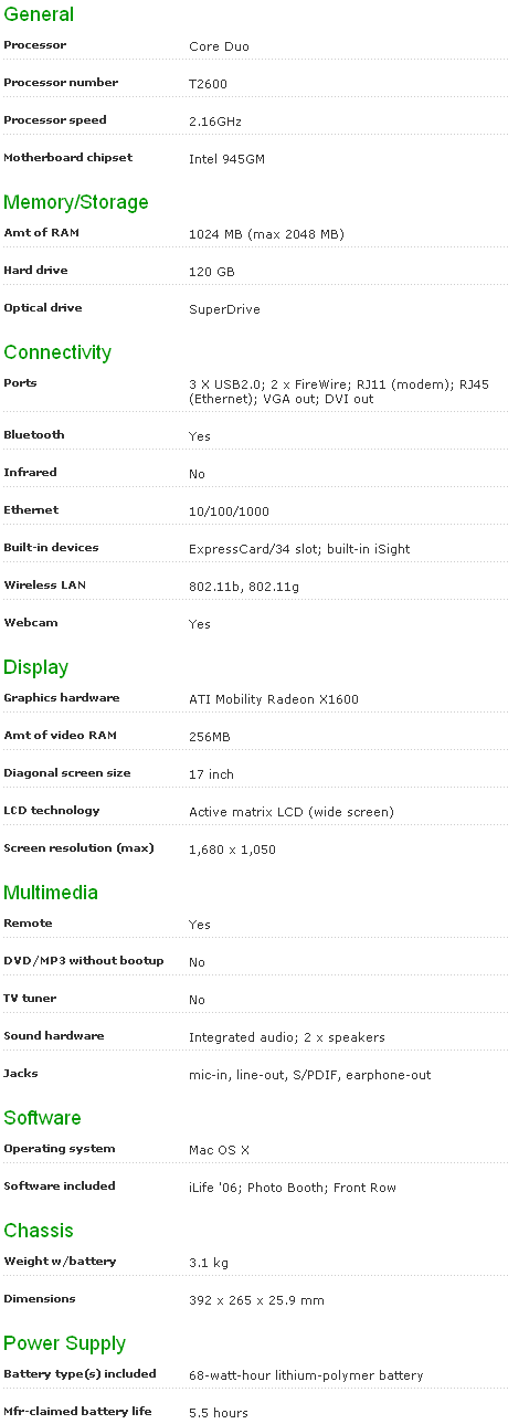 Specification Apple MacBook Pro