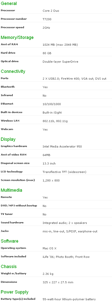 Specification Apple MacBook-Core 2 Duo