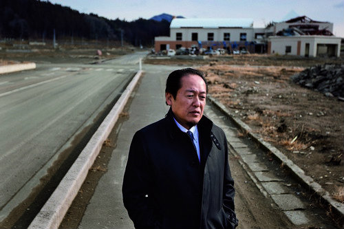 Futoshi Toba, Mayor of Rikuzentakatata city, stands within the desolated landscape where his city once stood, before it was destroyed by the March 11th 2011 tsunami, in Rikuzentakatata, in Tohoku area, Japan, on Monday 23 January 2012.