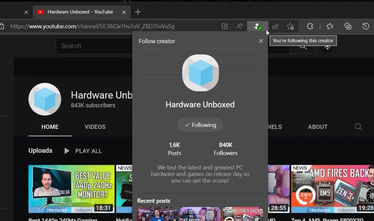Microsoft ทดสอบให้ผู้ใช้ติดตาม YouTuber ได้ง่ายมากขึ้นผ่าน Edge