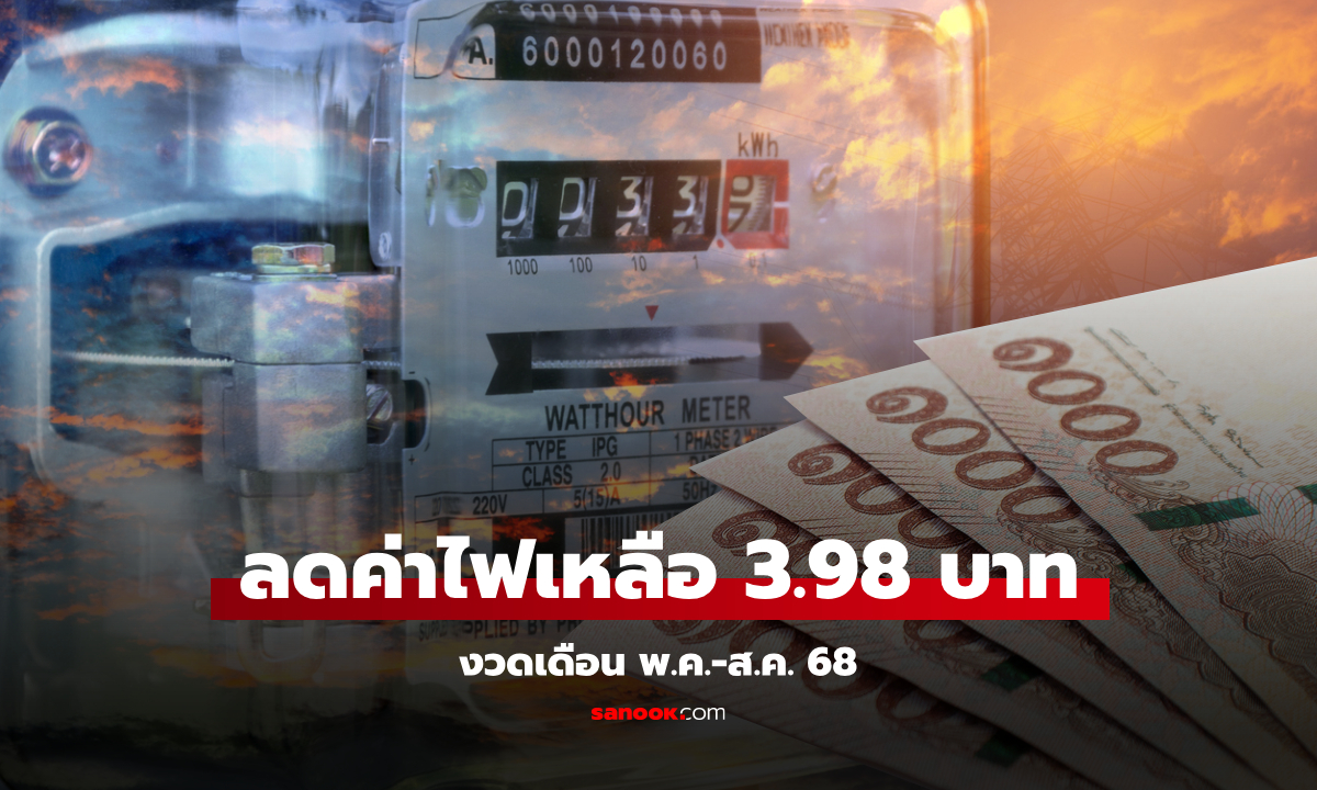 กกพ. เคาะลดค่าไฟเหลือ 3.98 บาท งวดเดือน พ.ค.-ส.ค. 68