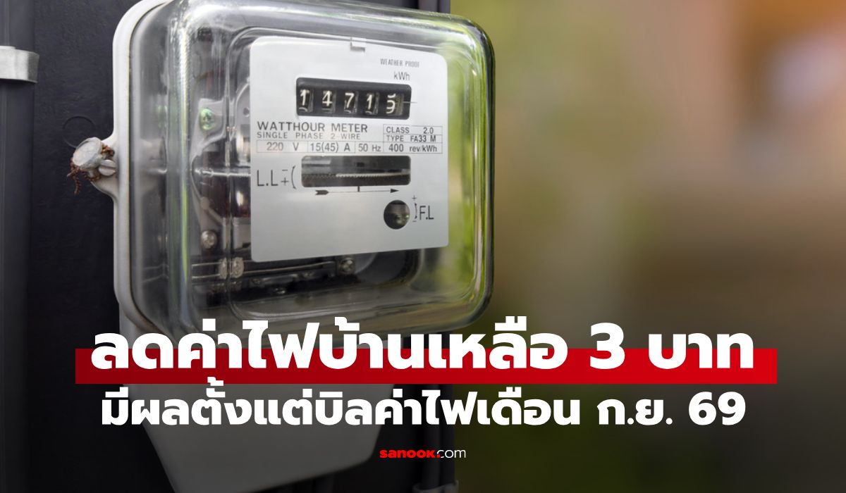 ลดค่าไฟบ้านไร้ทะเบียน เหลือไม่เกิน 3 บาท จาก 6.80 บาท เริ่มเดือน ก.ย. 69