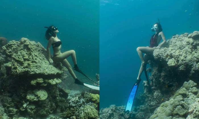 สาวแชะภาพใต้ทะเลอ้างนั่งบนหิน เจอชาวเน็ตจวกนั่นคือปะการัง