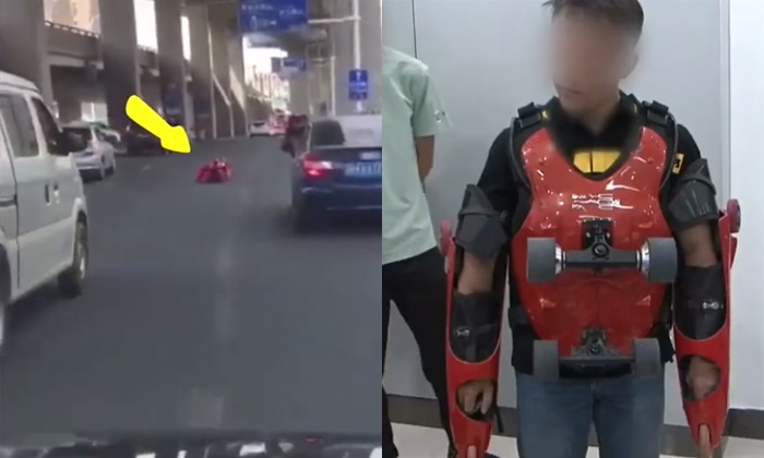 หนุ่มจีนสวมชุด “โรลลิ่ง สูท” ทำเอง ซิ่งบนถนน รถราตกใจขับหลีกชุลมุน