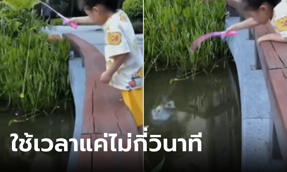 ขอคารวะ! เด็กหย่อนเบ็ดของเล่นลงน้ำ กระตุกทีเดียวได้ปลาตัวเบิ้ม เซียนดูยังอึ้งทำได้ไง?