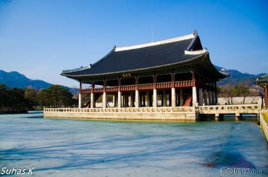 Palace by frozen lake