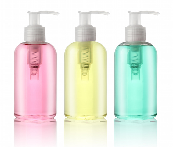 Three bottles of liquid soap isolated on white