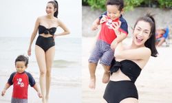 "อ๋อม สกาวใจ" 42 ปียังเซี๊ยะ ควงลูกชาย "น้องจอมทัพ" เที่ยวทะเลอวดขาเรียว