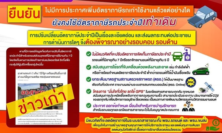 ขนส่งยืนยัน! ไม่มีมาตรการเพิ่มภาษีรถเก่าเกิน 7 ปีแต่อย่างใด