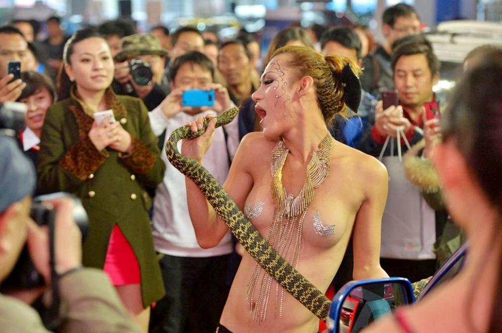 พริตตี้จีนเปลื้องผ้าเล่นกับ 'งู'