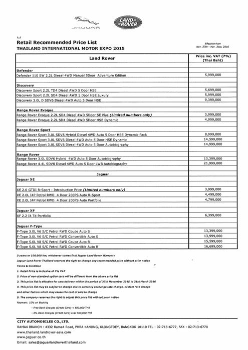 ราคา Jaguar & Land Rover