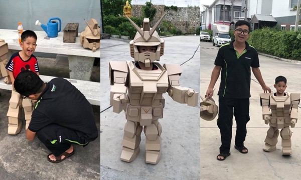 คุณพ่อสุดคูล 2018 "สร้างของเล่นจากกระดาษลัง" เป็นชุดหุ่นยนต์อลังการให้ลูกชาย