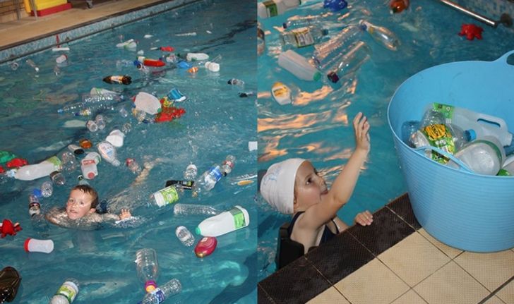 โรงเรียนให้เด็กนักเรียน ว่ายน้ำในสระที่เต็มไปด้วยขยะพลาสติก เพื่อปลูกฝังปัญหาขยะล้นโลก