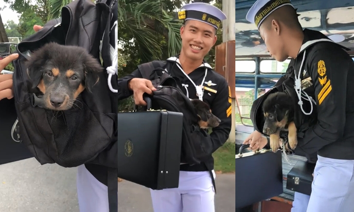 "มาเรียนยังไงให้ได้หมากลับบ้าน" นักเรียนทหารเรือ อุ้มหมาพากลับบ้าน เพราะความน่ารัก