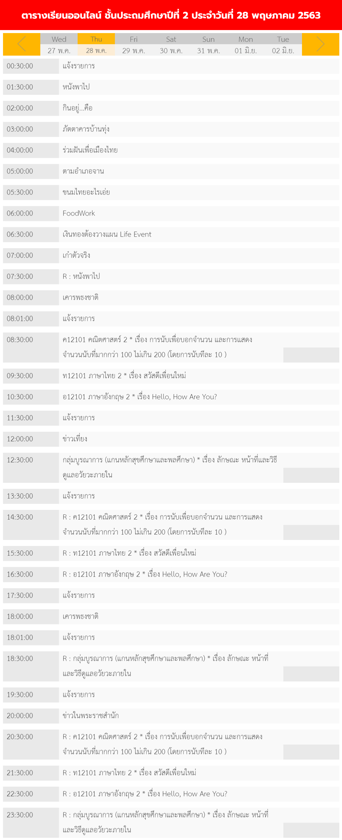 ตารางเรียนออนไลน์ชั้นประถม 1 - 6 วันที่ 28 พฤษภาคม 2563 ช่อง DLTV