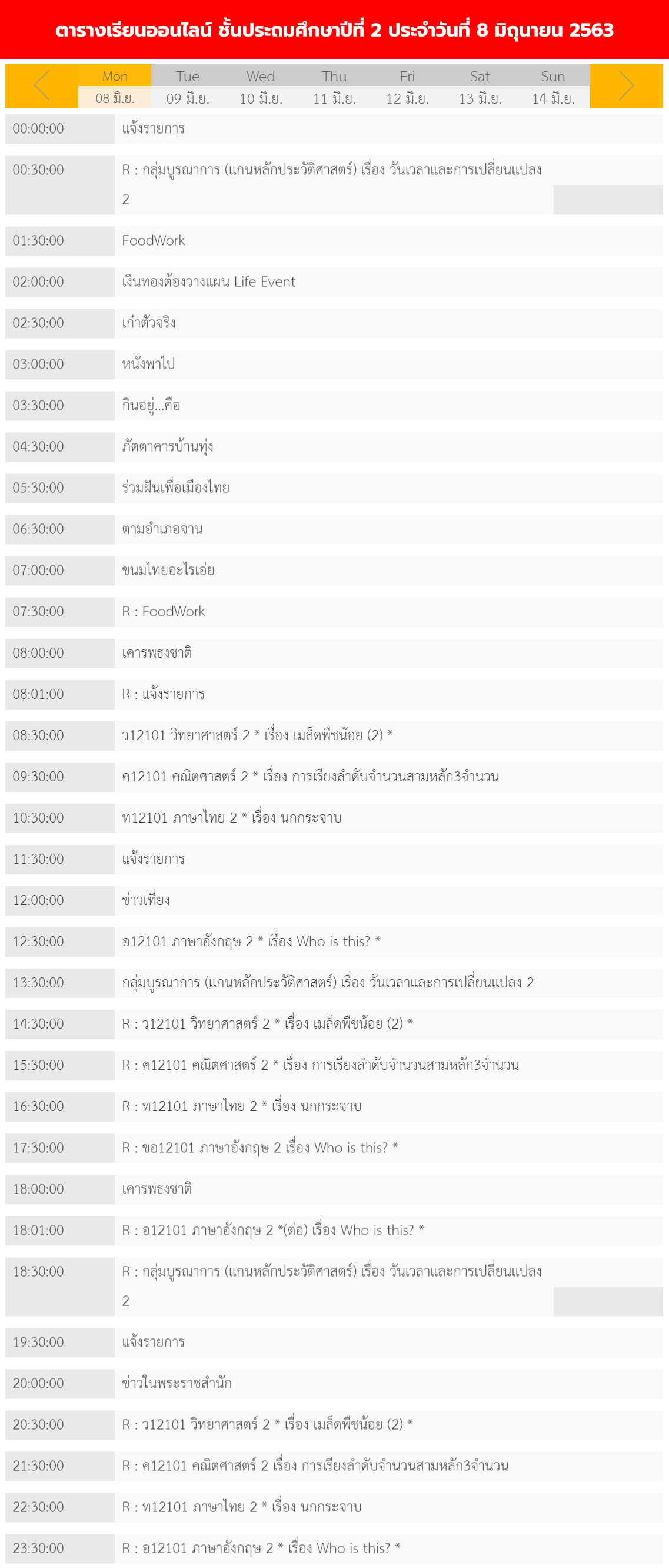 ตารางเรียนออนไลน์ ชั้นประถม 1 - 6 วันที่ 8 มิถุนายน 2563 ช่อง DLTV