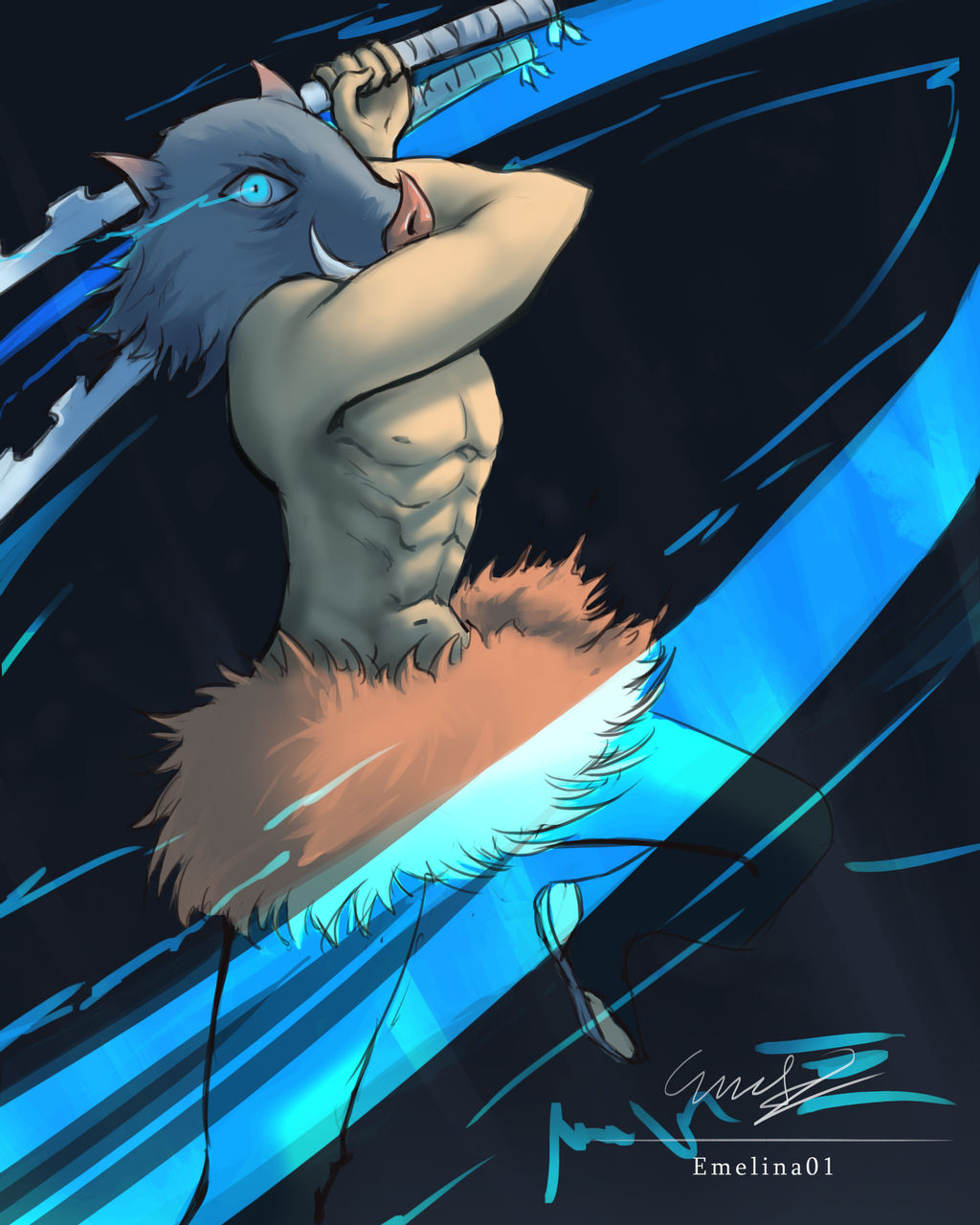 แฟนอาร์ตตัวละคร ฮาชิบิระ อิโนะสุเกะ Hashibira Inosuke ในดาบพิฆาตอสูร จาก Emelina0