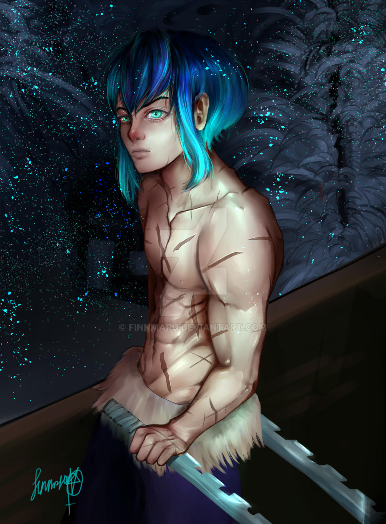 แฟนอาร์ตตัวละคร ฮาชิบิระ อิโนะสุเกะ Hashibira Inosuke ในดาบพิฆาตอสูร จาก Finnmaru