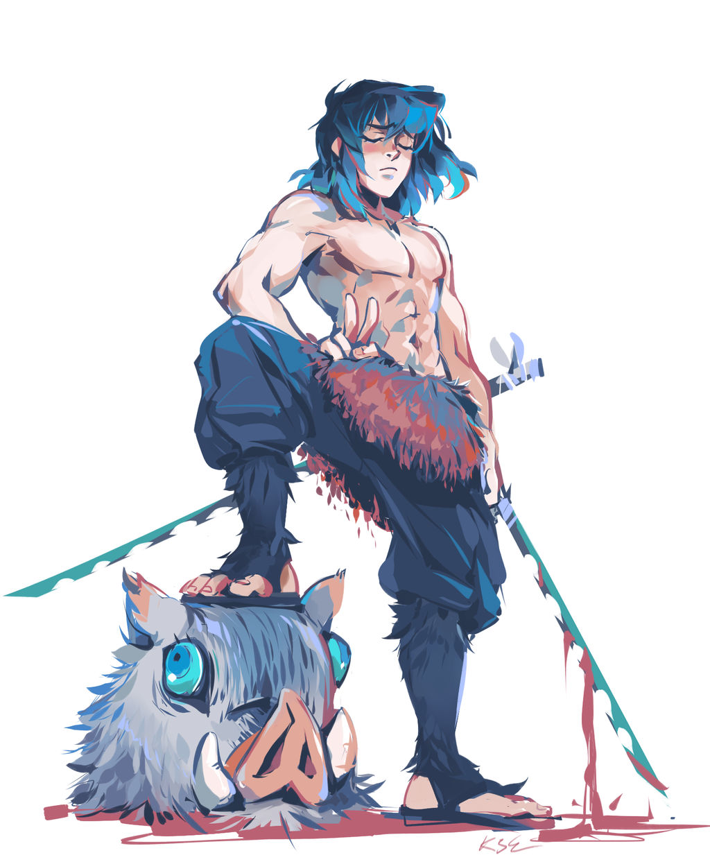 แฟนอาร์ตตัวละคร ฮาชิบิระ อิโนะสุเกะ Hashibira Inosuke ในดาบพิฆาตอสูร จาก Kanda3egle