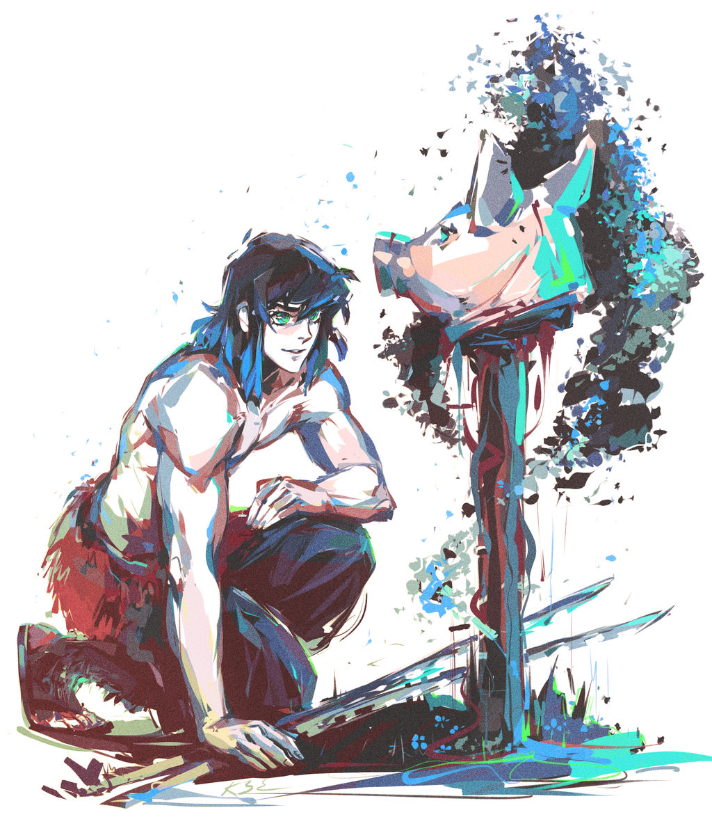 แฟนอาร์ตตัวละคร ฮาชิบิระ อิโนะสุเกะ Hashibira Inosuke ในดาบพิฆาตอสูร จาก Kanda3egle