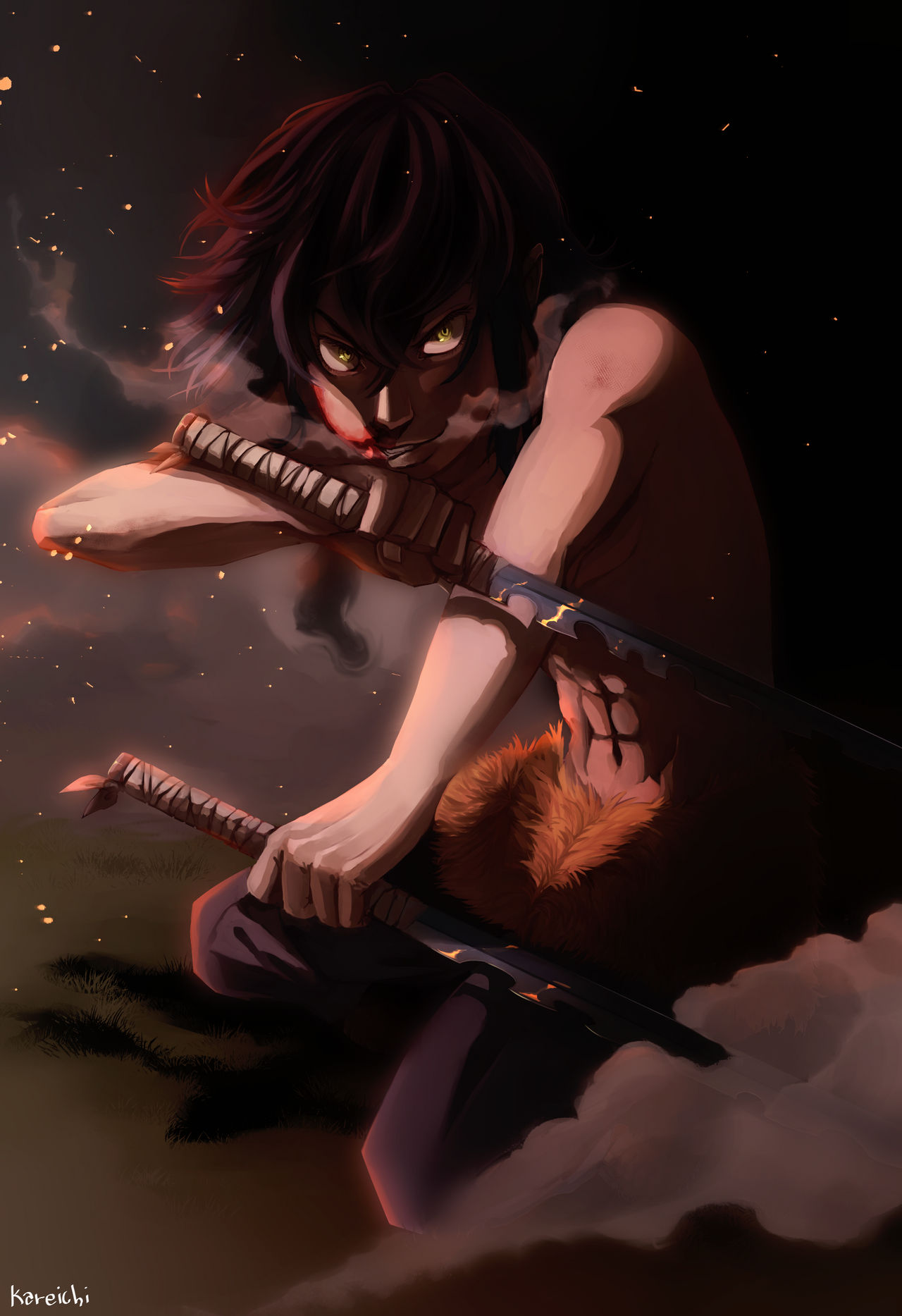 แฟนอาร์ตตัวละคร ฮาชิบิระ อิโนะสุเกะ Hashibira Inosuke ในดาบพิฆาตอสูร จาก KareIchi