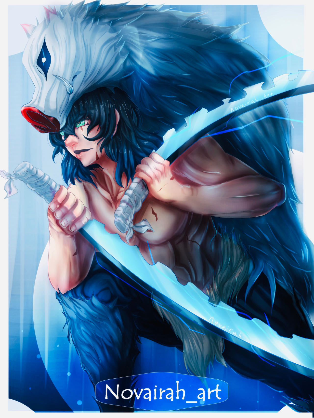 แฟนอาร์ตตัวละคร ฮาชิบิระ อิโนะสุเกะ Hashibira Inosuke ในดาบพิฆาตอสูร จาก Novairah