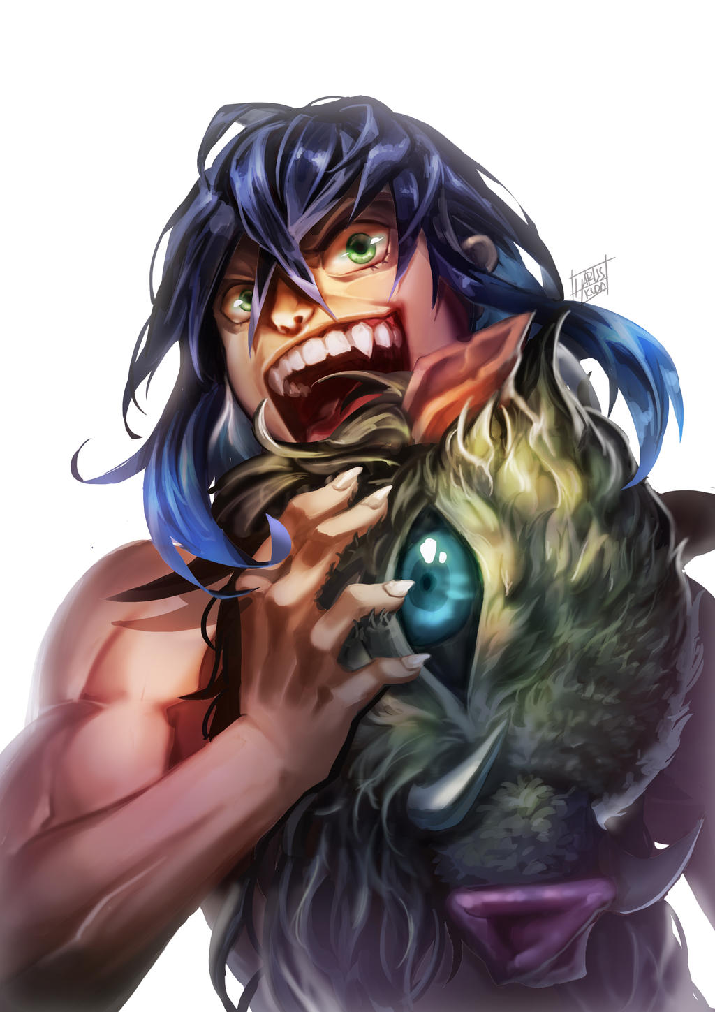 แฟนอาร์ตตัวละคร ฮาชิบิระ อิโนะสุเกะ Hashibira Inosuke ในดาบพิฆาตอสูร จาก harliskudo