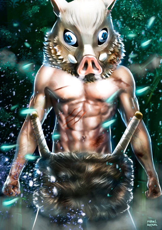 แฟนอาร์ตตัวละคร ฮาชิบิระ อิโนะสุเกะ Hashibira Inosuke ในดาบพิฆาตอสูร จาก iassu