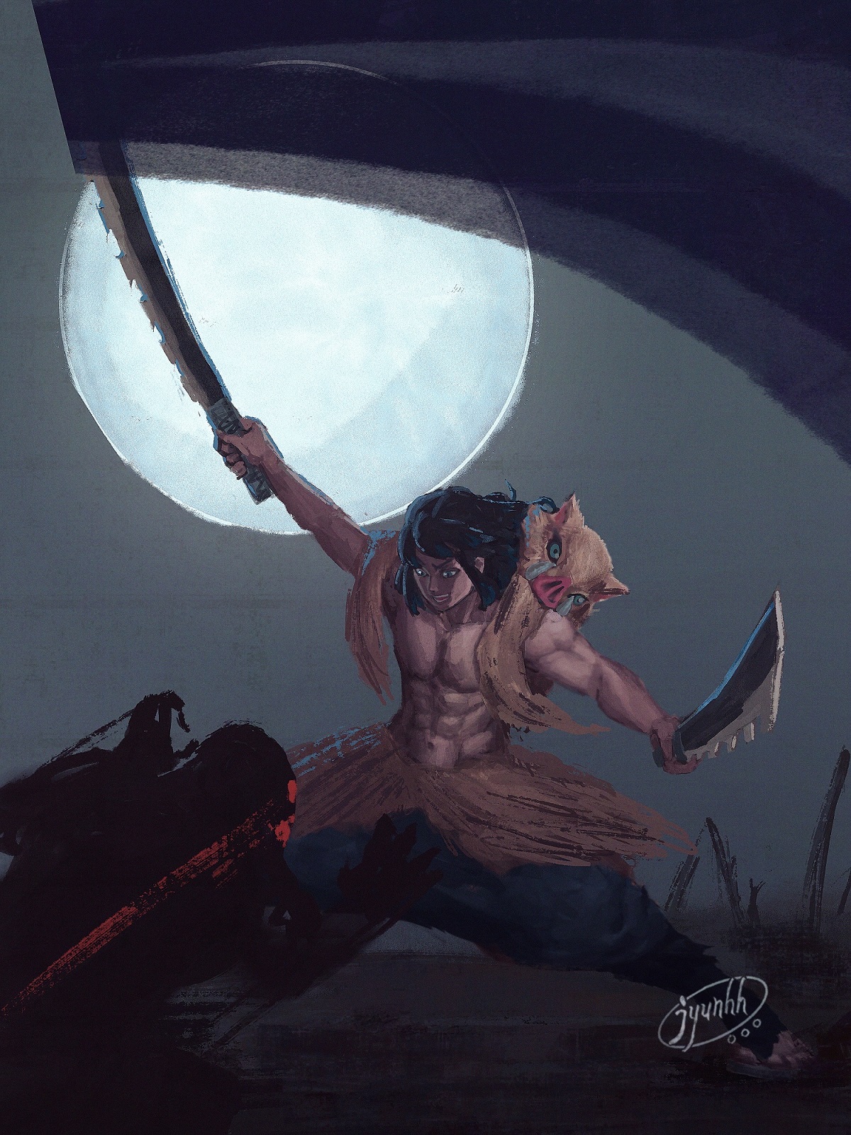 แฟนอาร์ตตัวละคร ฮาชิบิระ อิโนะสุเกะ Hashibira Inosuke ในดาบพิฆาตอสูร จาก jyunhh