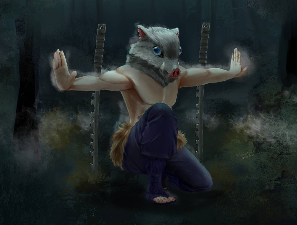 แฟนอาร์ตตัวละคร ฮาชิบิระ อิโนะสุเกะ Hashibira Inosuke ในดาบพิฆาตอสูร จาก karliroja