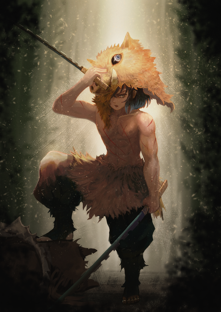 แฟนอาร์ตตัวละคร ฮาชิบิระ อิโนะสุเกะ Hashibira Inosuke ในดาบพิฆาตอสูร จาก renkoma