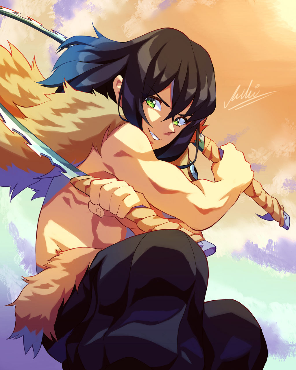 แฟนอาร์ตตัวละคร ฮาชิบิระ อิโนะสุเกะ Hashibira Inosuke ในดาบพิฆาตอสูร จาก yourcupofkohi