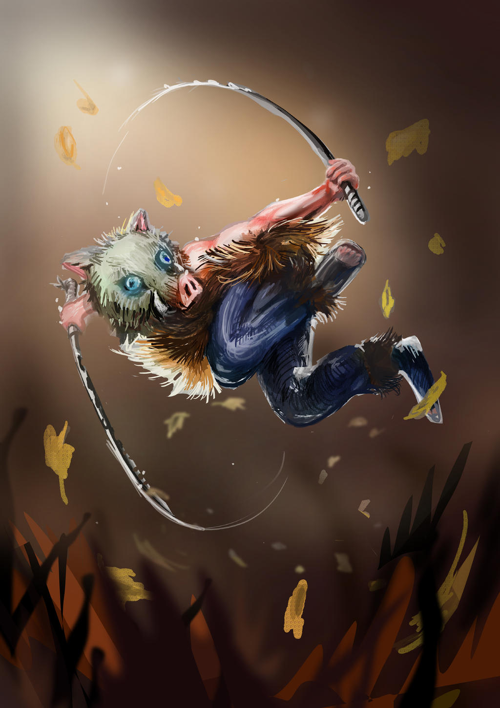 แฟนอาร์ตตัวละคร ฮาชิบิระ อิโนะสุเกะ Hashibira Inosuke ในดาบพิฆาตอสูร จาก zareah