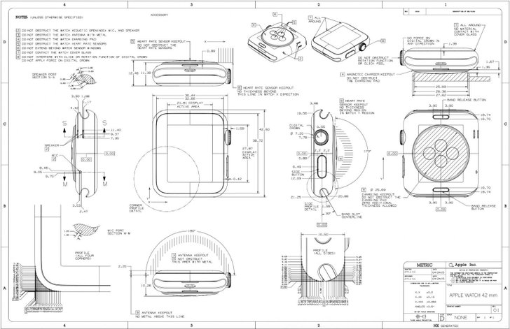 Apple เผยภาพแผนผังโชว์รายละเอียดทุกสัดส่วนของ Apple Watch