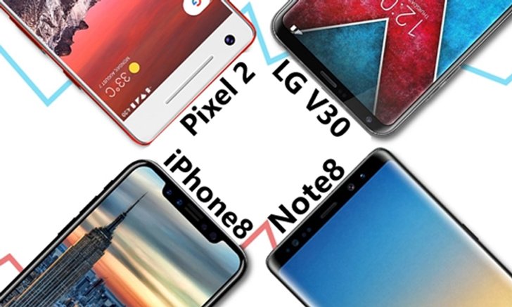 เทียบขนาด และดีไซน์ของ 4 เรือธงปลายปีรุ่นเด็ด ทั้ง Pixel 2, iPhone 8, Galaxy Note8 และ LG V30