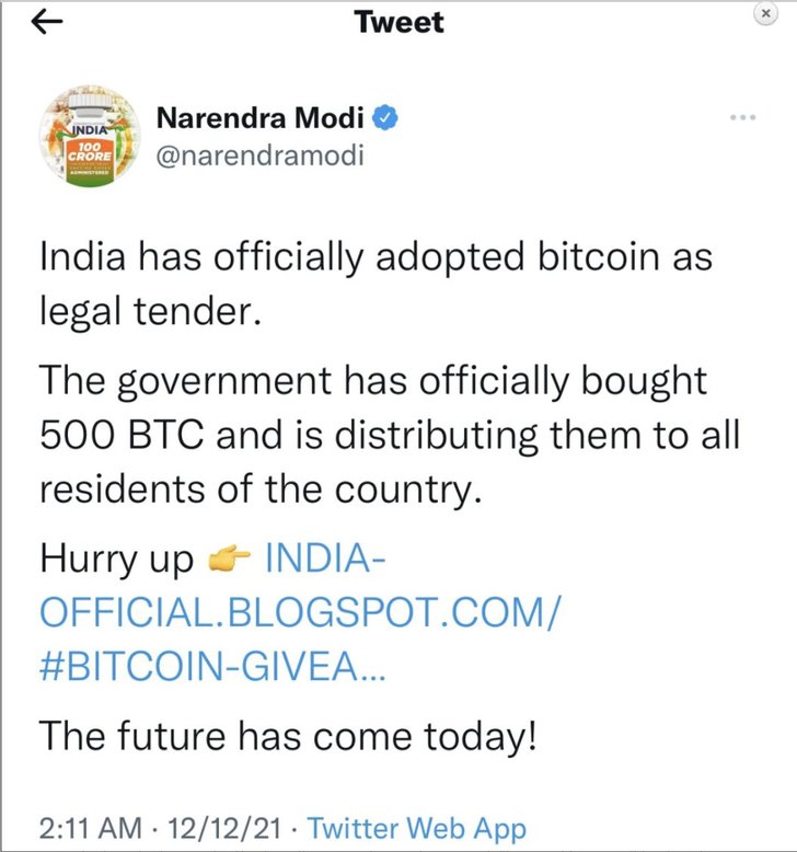 นายกฯ อินเดียถูกแฮก Twitter ส่งทวีตปลอมให้สัญญามอบ Bitcoin  แก่ชาวอินเดียทุกคน - ไทยเลิฟเวอร์คาร์ รับซื้อรถยนต์มือสอง