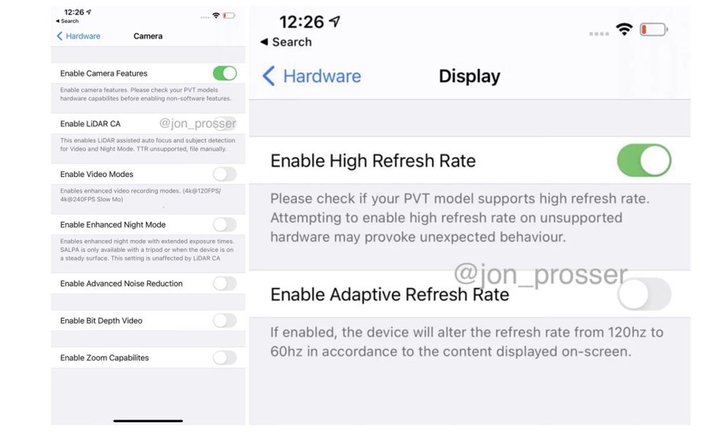 หลุดภาพหน้าจอของ iPhone 12 Pro Max ยังรองรับค่า Refresh Rate 120 Hz ผ่านการตั้งค่าในหน้าจอ