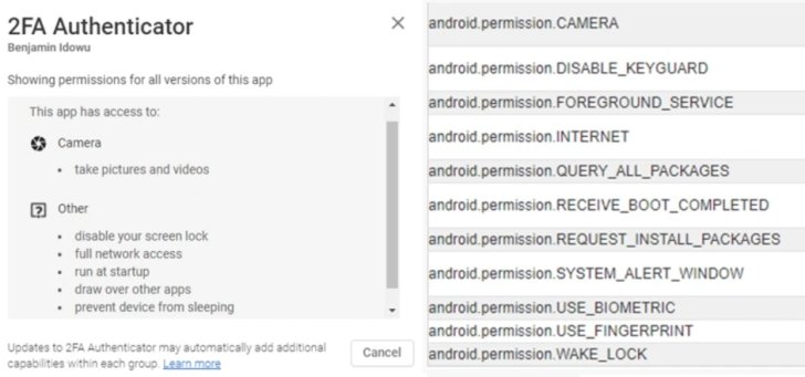 The malware adds permissions you didn't grant-those are on the right-to make it easier to steal your money - Security firm says to delete this Android app immediately before it cleans out your bank account