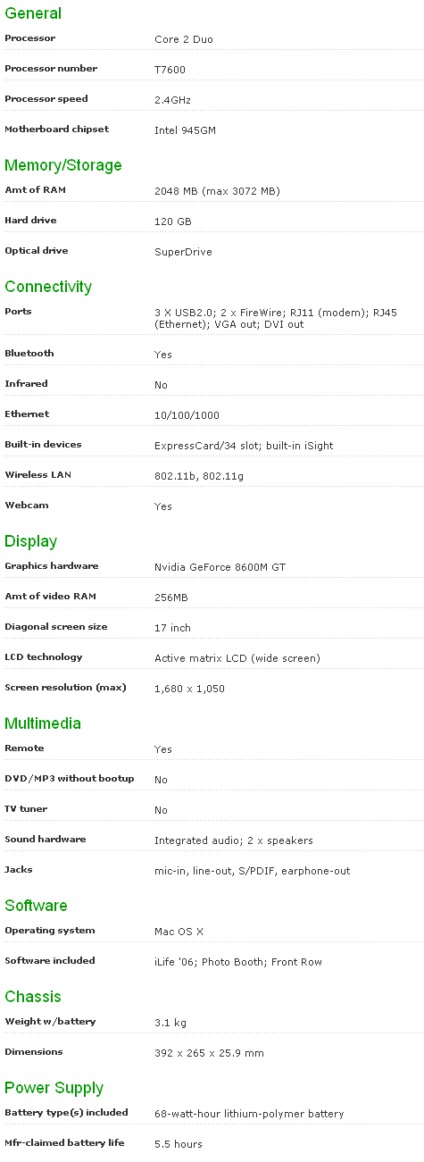 Specification Apple MacBook Pro-Core 2 Duo