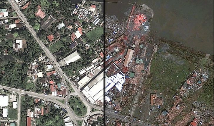 ภาพแผนที่ ก่อน-หลัง พายุไต้ฝุ่นไห่เยี่ยน ( Haiyan ) ถล่มฟิลิปปินส์