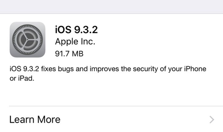 Apple ปล่อย iOS 9.3.2 แก้ปัญหาเรื่องความปลอดภัย และฟีเจอร์ รายละเอียดเพิ่มเติมกดที่นี่