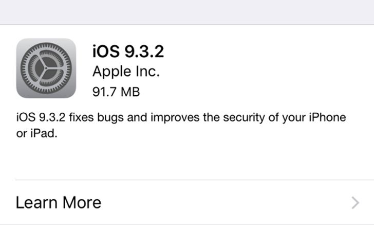Apple ปล่อย iOS 9.3.2 แก้ปัญหาเรื่องความปลอดภัย และฟีเจอร์ รายละเอียดเพิ่มเติมกดที่นี่
