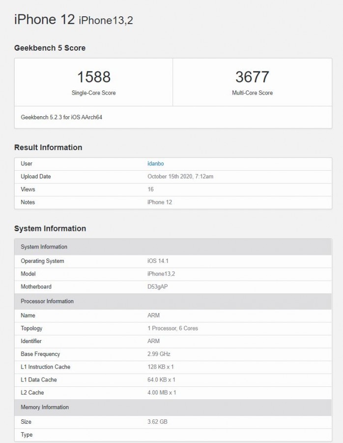 คะแนนของ iPhone 12 = 1,588 คะแนน (Single Core) | 3,677 คะแนน (Multi Core)