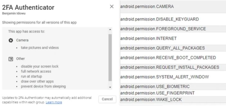 The malware adds permissions you didn't grant-those are on the right-to make it easier to steal your money - Security firm says to delete this Android app immediately before it cleans out your bank account