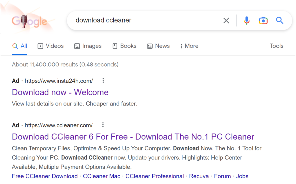 เว็บไซต์ CCleaner ของจริงแพ้ค่าโฆษณาให้กับเว็บปลอม (ที่มา: BleepingComputer)