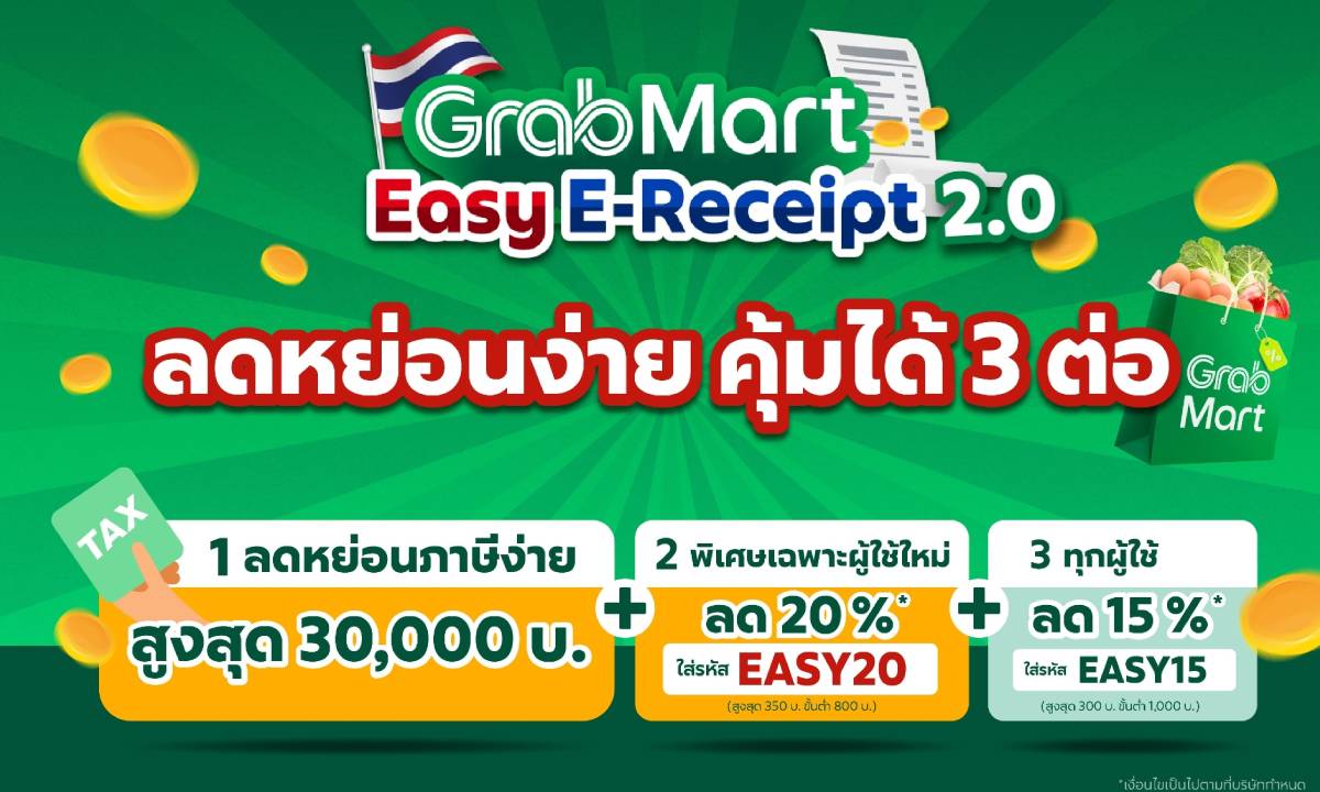 แกร็บมาร์ท ขานรับมาตรการ “Easy E-Receipt 2.0” ผุดแคมเปญลดคุ้ม 3 ต่อ