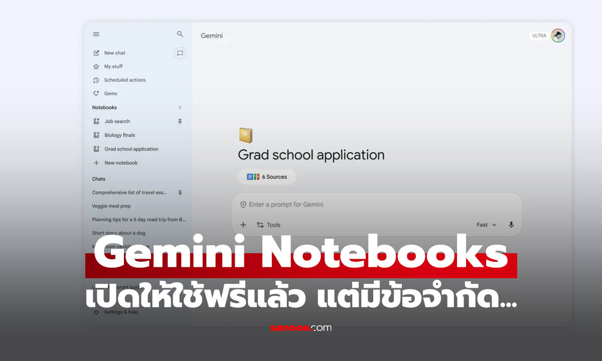 Google เปิดฟีเจอร์ "Gemini Notebooks" ให้ใช้ถ้วนหน้า เปลี่ยน AI เป็นสมุดโน้ตอัจฉริยะส่วนตัว