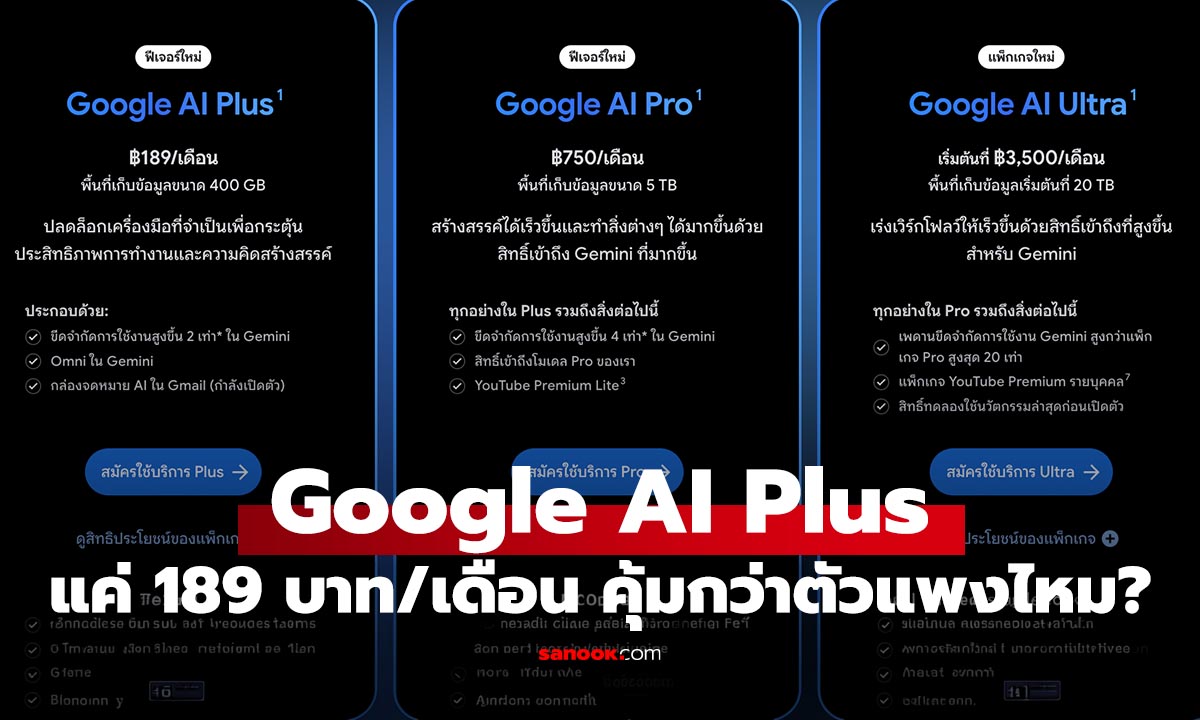 Google AI Plus 189 บาท ได้อะไรบ้าง คุ้มไหมเมื่อเทียบกับแพ็กฟรีและ Pro