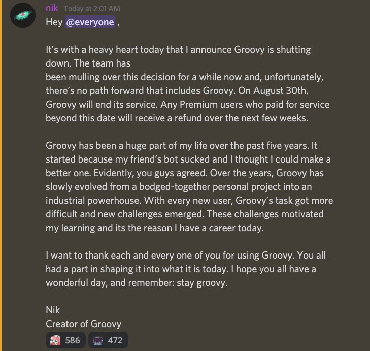 ปิดฉาก Groovy Bot บอตเล่นเพลงบน Discord ปิดตัว 30 สค นี้ ตามคำสั่ง YouTube